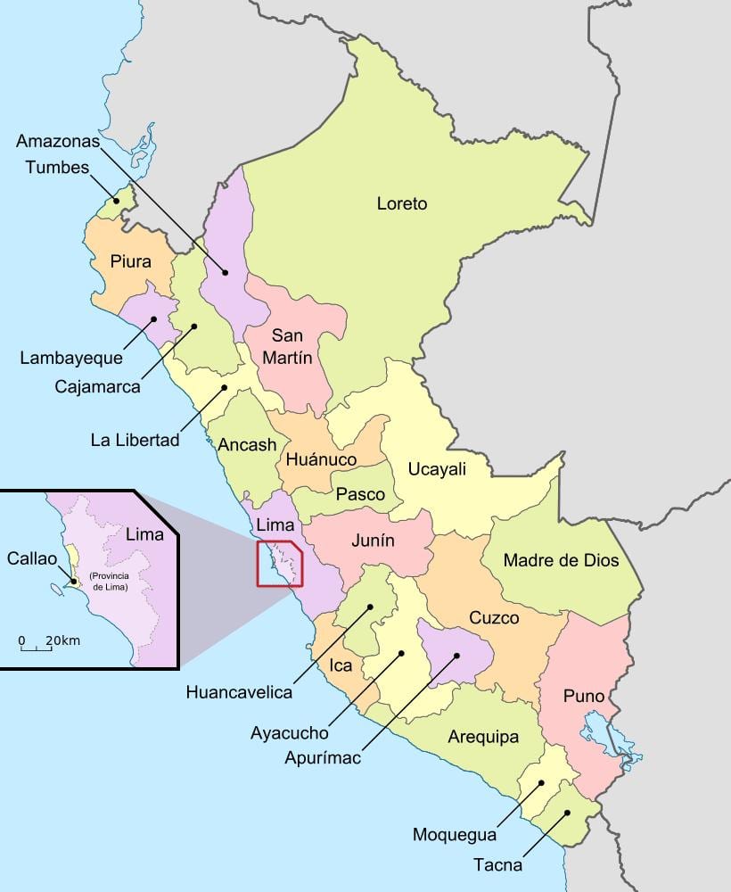 mapa ng Peru ng mga kagawaran