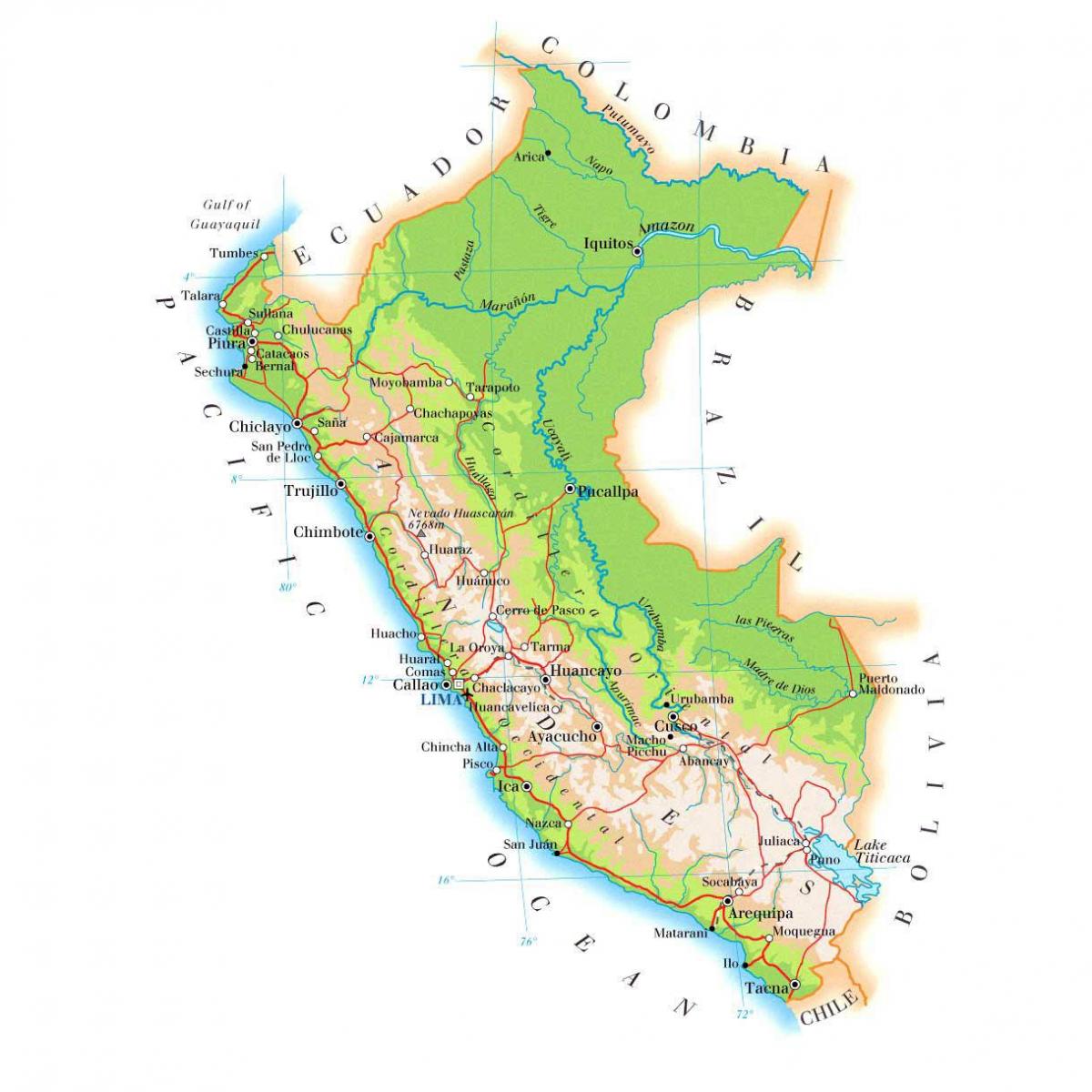 mapa ng pisikal na mapa ng Peru